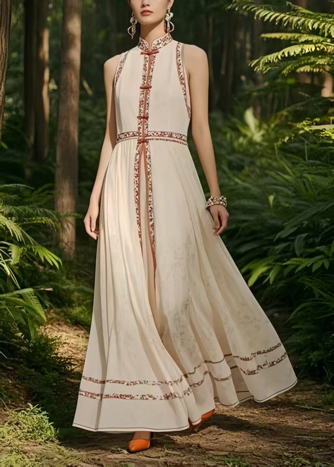 New Retro White Mandarin Collar Exra Large Hem Chiffon Oriental Dress Sleeveless