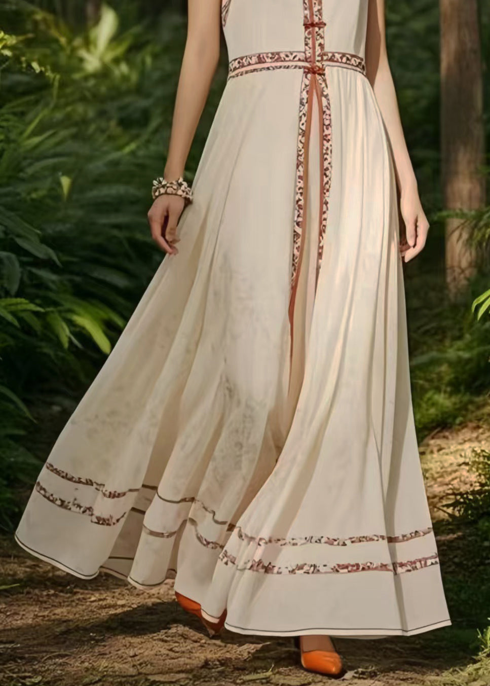 New Retro White Mandarin Collar Exra Large Hem Chiffon Oriental Dress Sleeveless