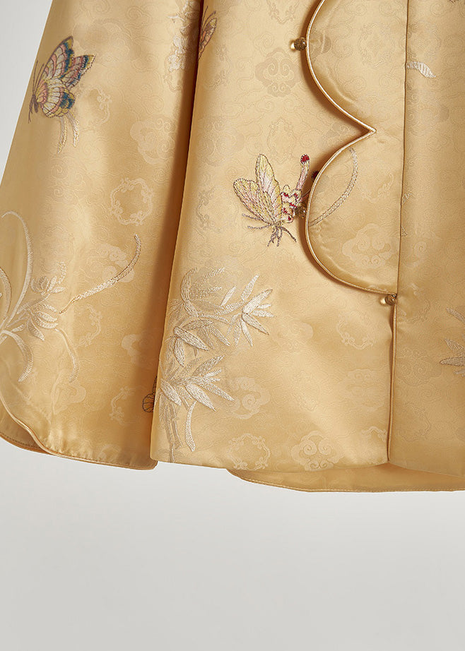New Retro Yellow Embroidered Butterfly Silk Coats Fall