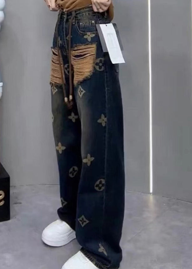 New Ripped Printed Denim Straight Leg Pants Spring
