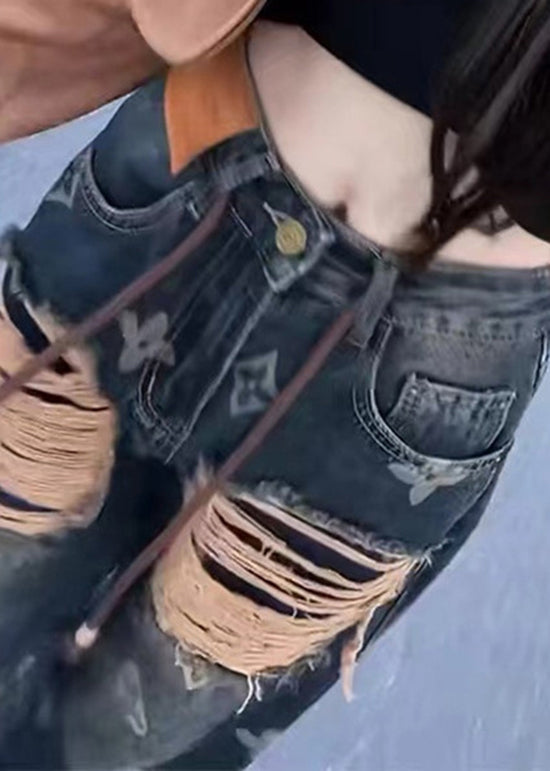 New Ripped Printed Denim Straight Leg Pants Spring