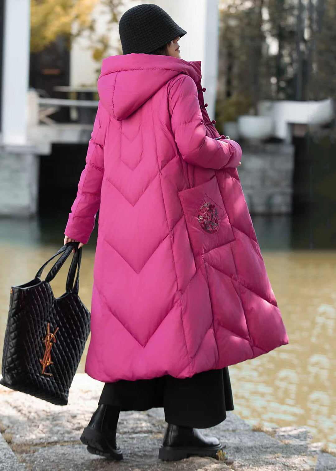 New Rose Hooded Button Pockets Duck Down Puffer Coat Winter