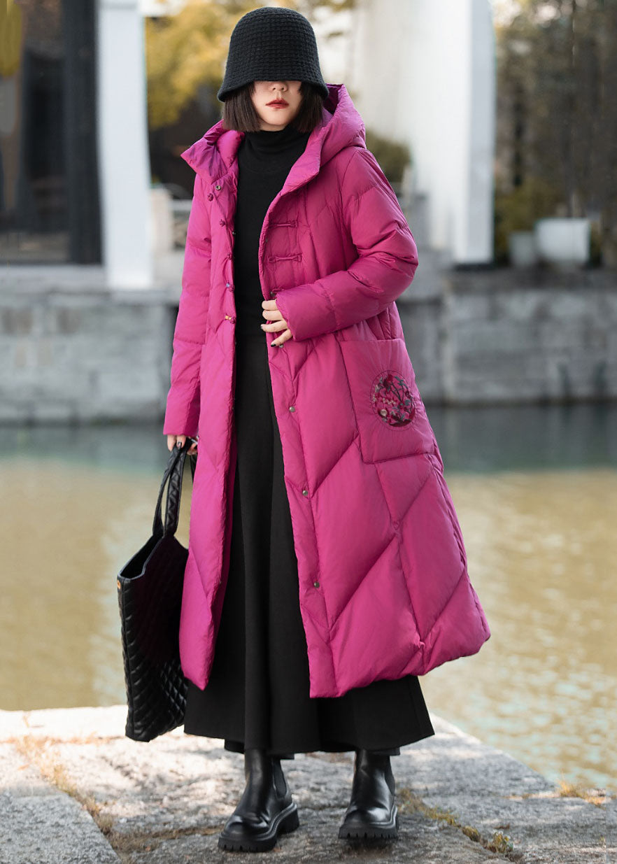New Rose Hooded Button Pockets Duck Down Puffer Coat Winter