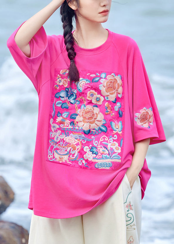 New Rose O-Neck Oversized Cotton T Shirt Half Sleeve