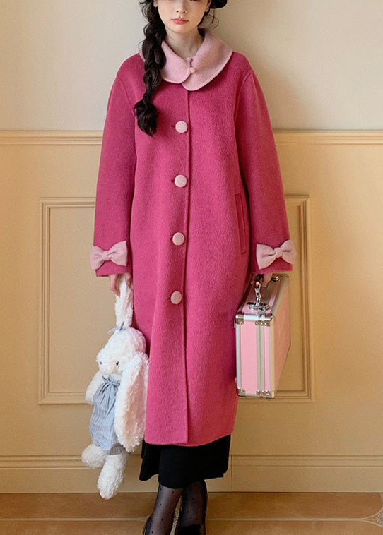 New Rose Peter Pan Collar Bow Wool Long Coats Winter