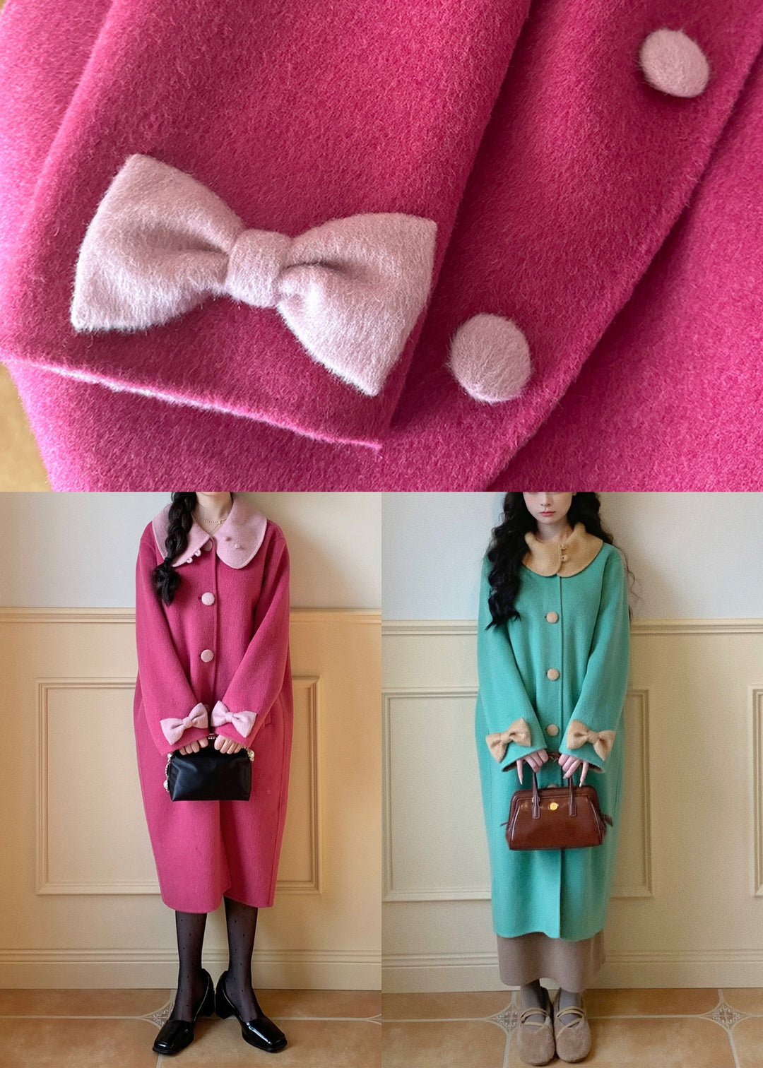 New Rose Peter Pan Collar Bow Wool Long Coats Winter