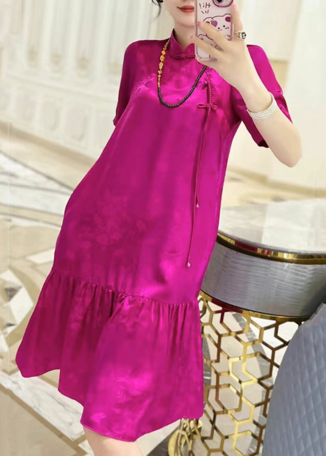 New Rose Stand Collar Button Pockets Silk Dresses Summer