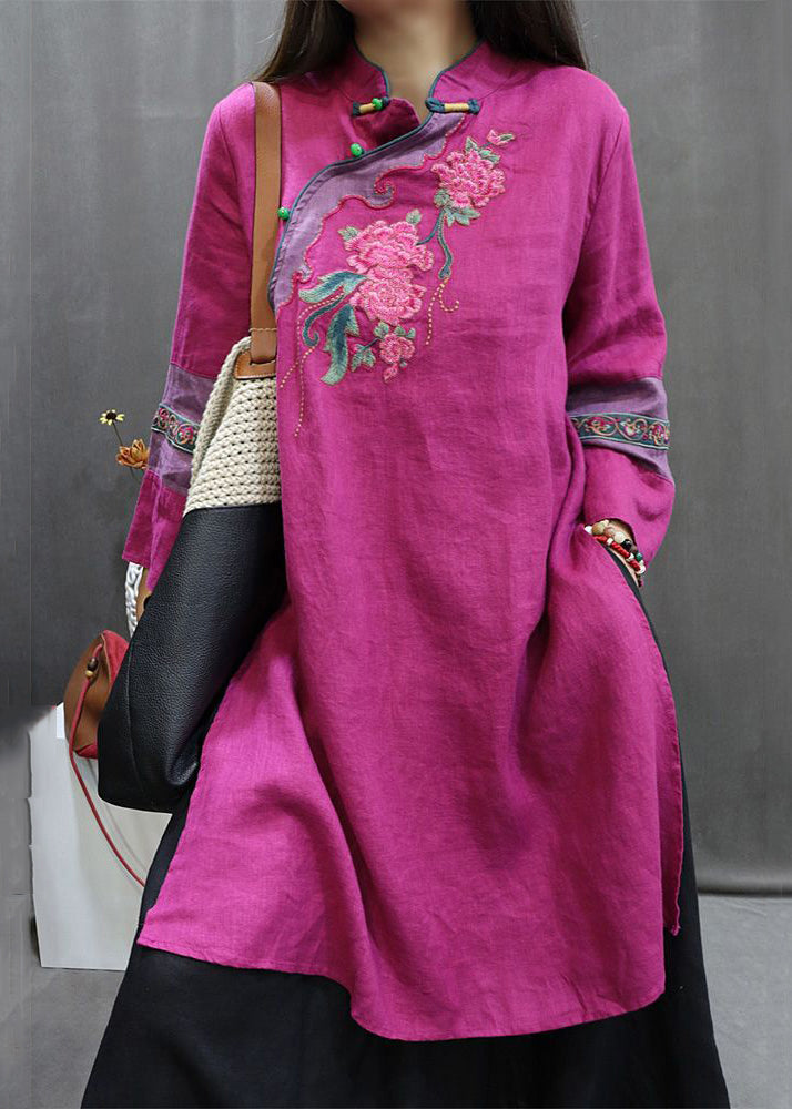 New Rose Stand Embroidered Button Collar Linen Blouses