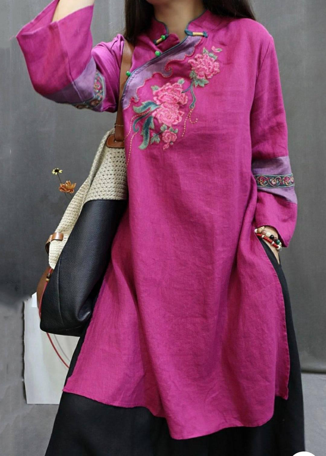 New Rose Stand Embroidered Button Collar Linen Blouses