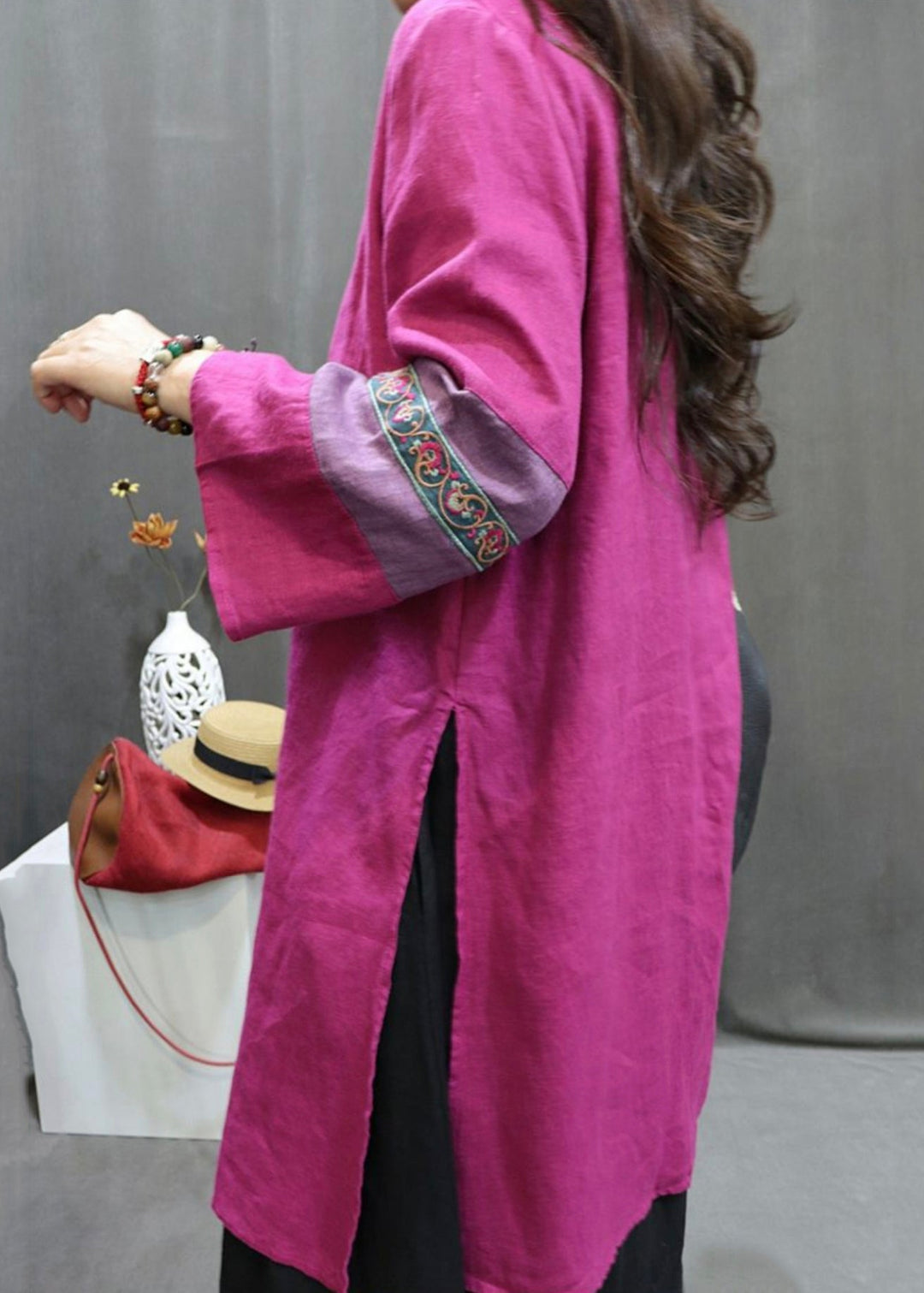 New Rose Stand Embroidered Button Collar Linen Blouses