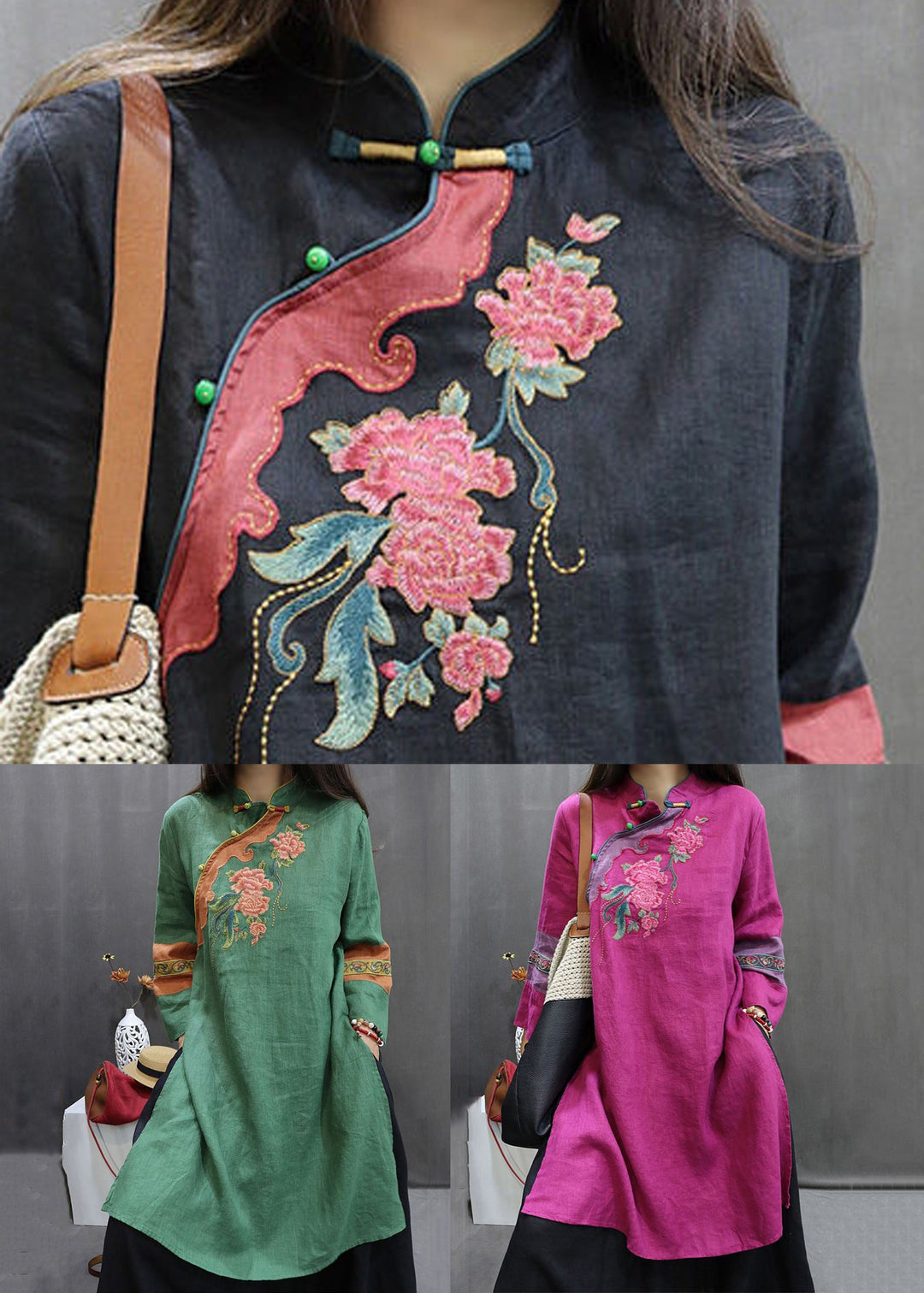 New Rose Stand Embroidered Button Collar Linen Blouses