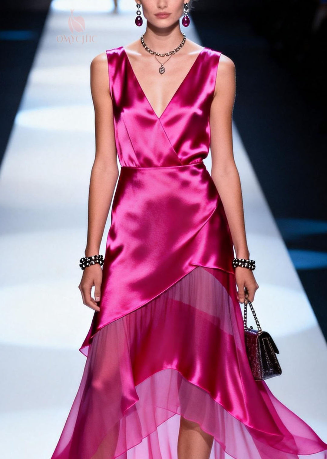 New Rose V Neck Asymmetrical Patchwork Chiffon Dresses Summer