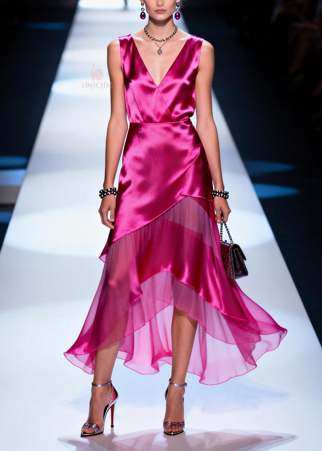 New Rose V Neck Asymmetrical Patchwork Chiffon Dresses Summer