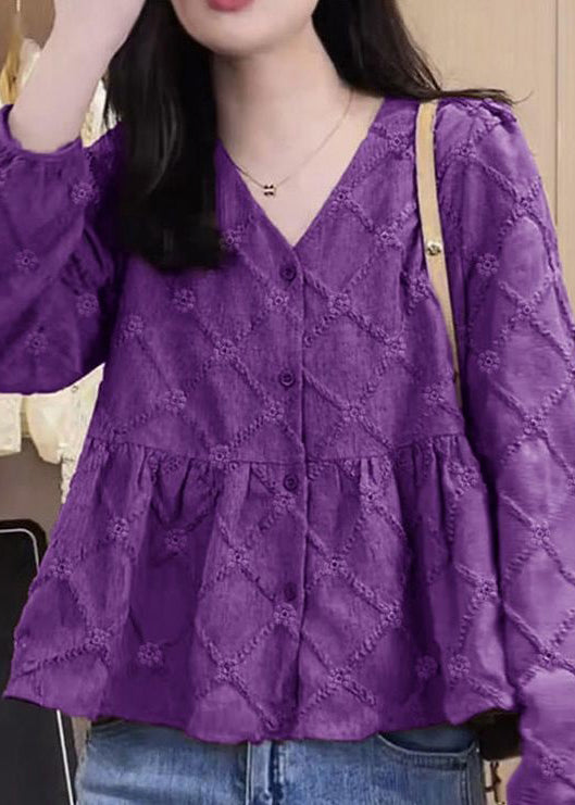 New Rose V Neck Button Patchwork Cotton Shirt Fall