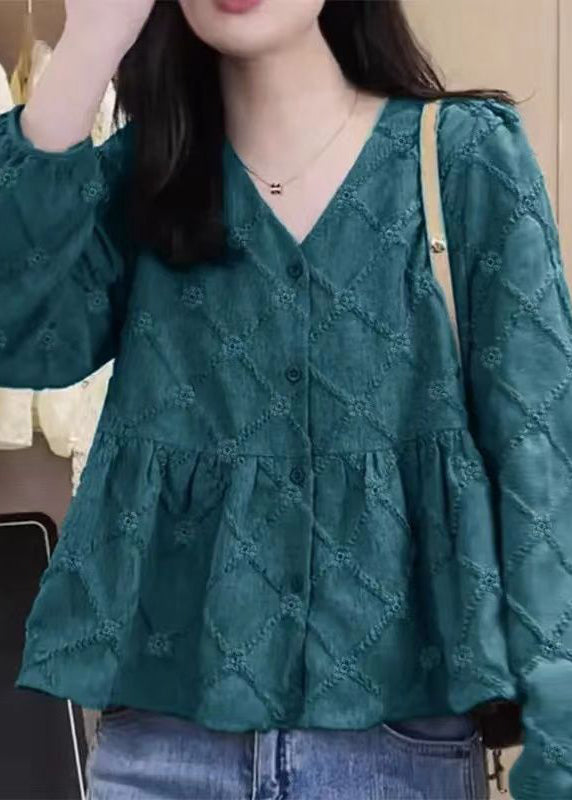 New Rose V Neck Button Patchwork Cotton Shirt Fall