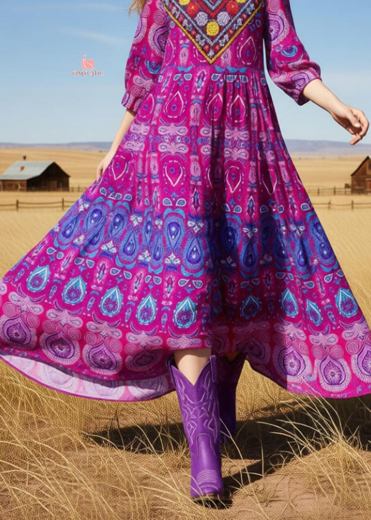 New Rose V Neck Print Cotton Long Dresses Summer