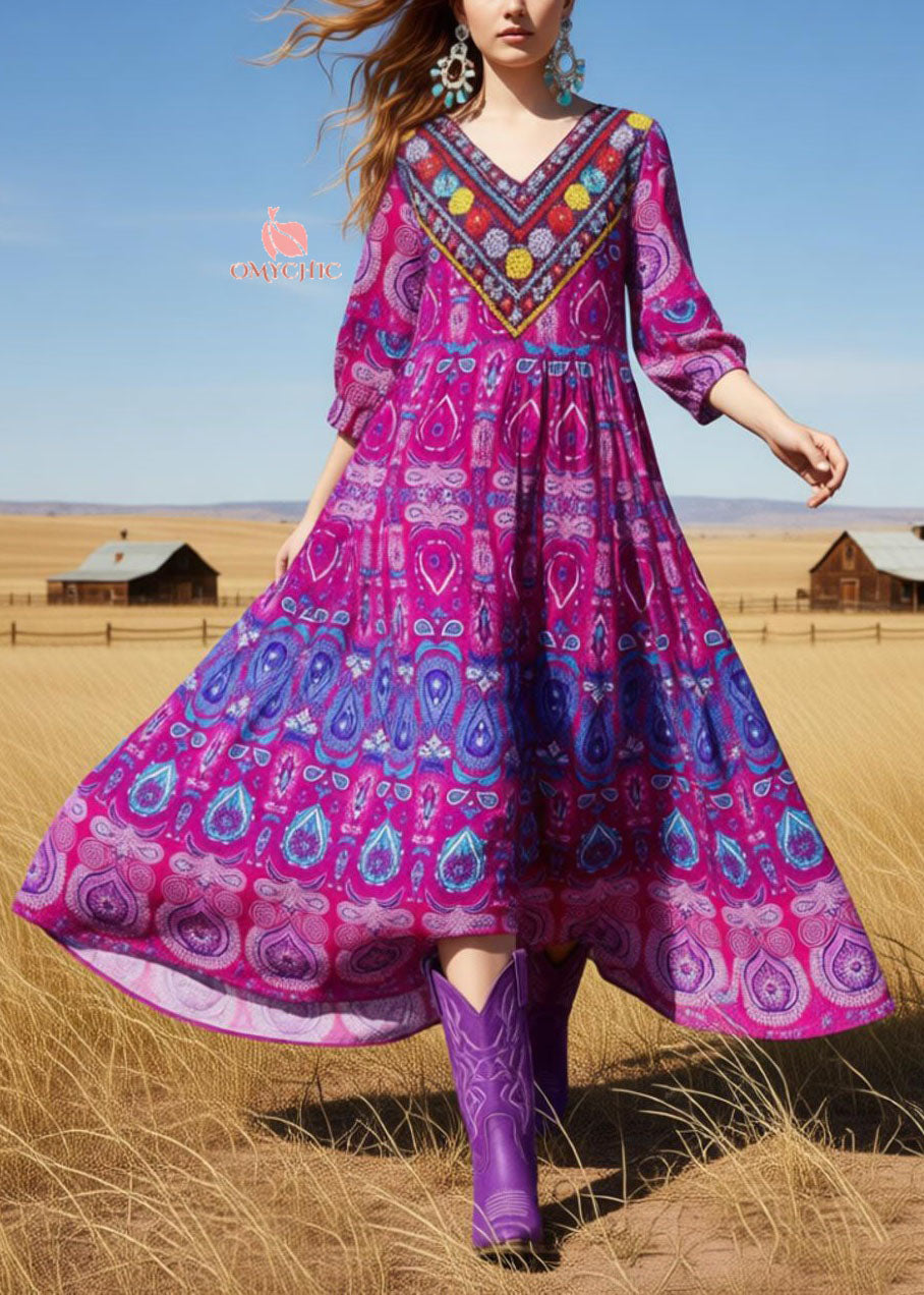 New Rose V Neck Print Cotton Long Dresses Summer