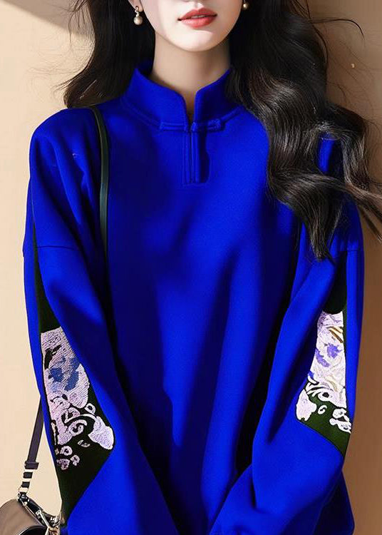 New Royal Blue Stand Collar Print Cotton T Shirt Fall