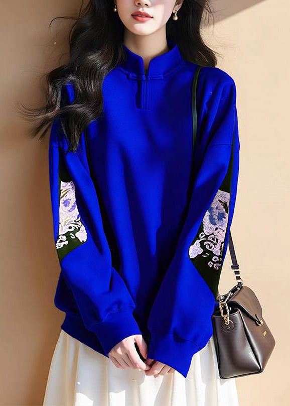 New Royal Blue Stand Collar Print Cotton T Shirt Fall