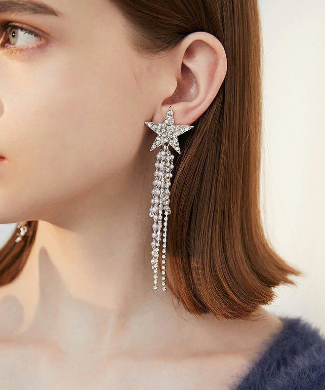 New Silk Asymmetric Zircon Pearl Tassels Silver Plated Drop Earrings