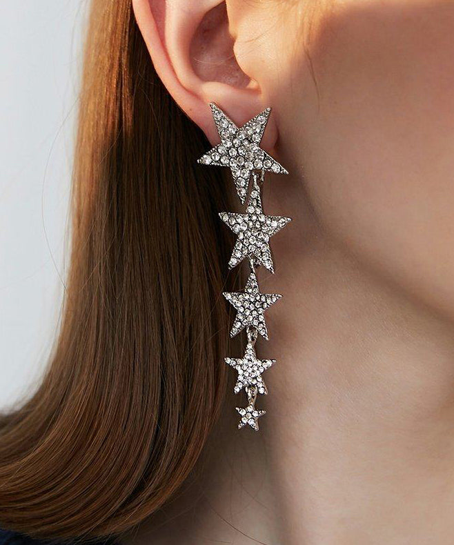 New Silk Asymmetric Zircon Pearl Tassels Silver Plated Drop Earrings