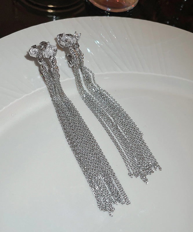 New Silk Copper Zircon Wrinkled C-Shape Double-Layer Tassel Drop Earrings