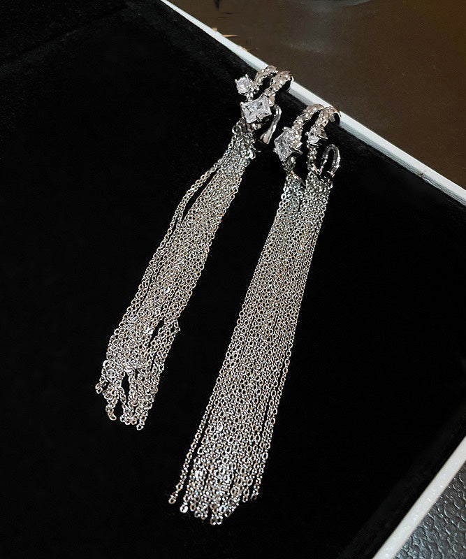 New Silk Copper Zircon Wrinkled C-Shape Double-Layer Tassel Drop Earrings