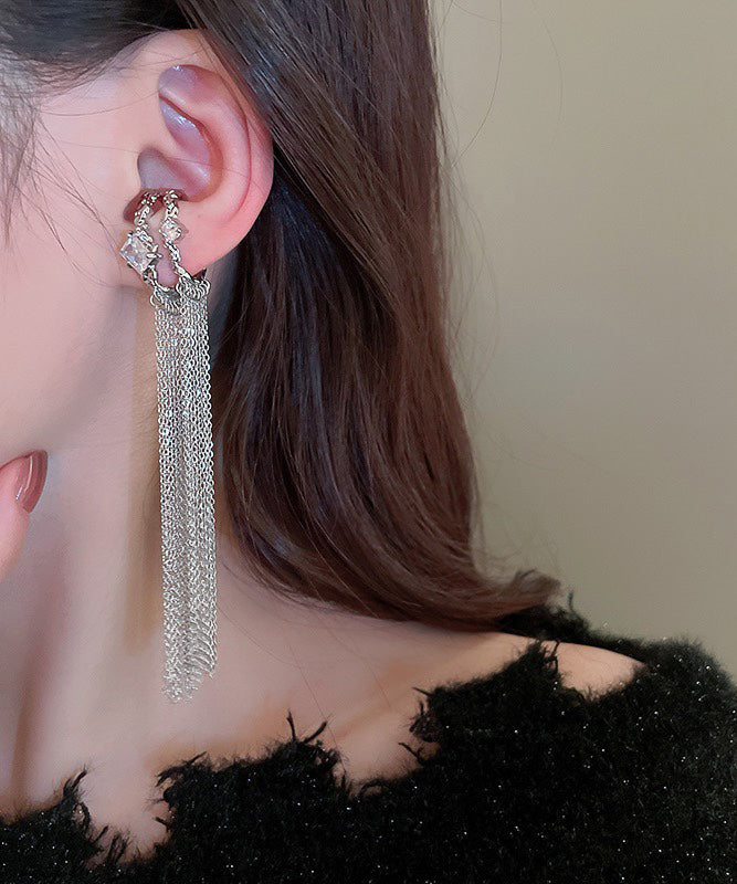 New Silk Copper Zircon Wrinkled C-Shape Double-Layer Tassel Drop Earrings
