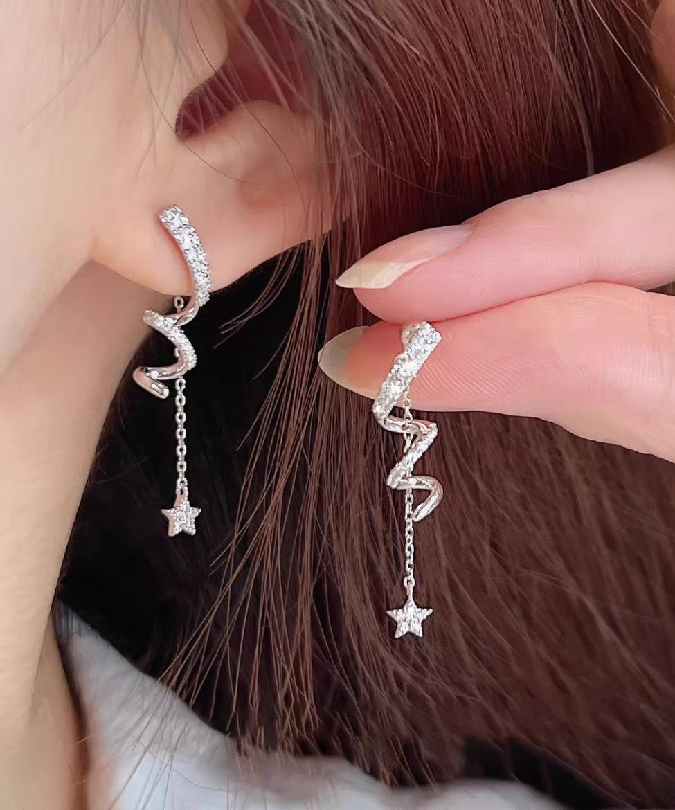 New Silk Sterling Silver Overgild Inlaid Zircon Star Tassel Drop Earrings