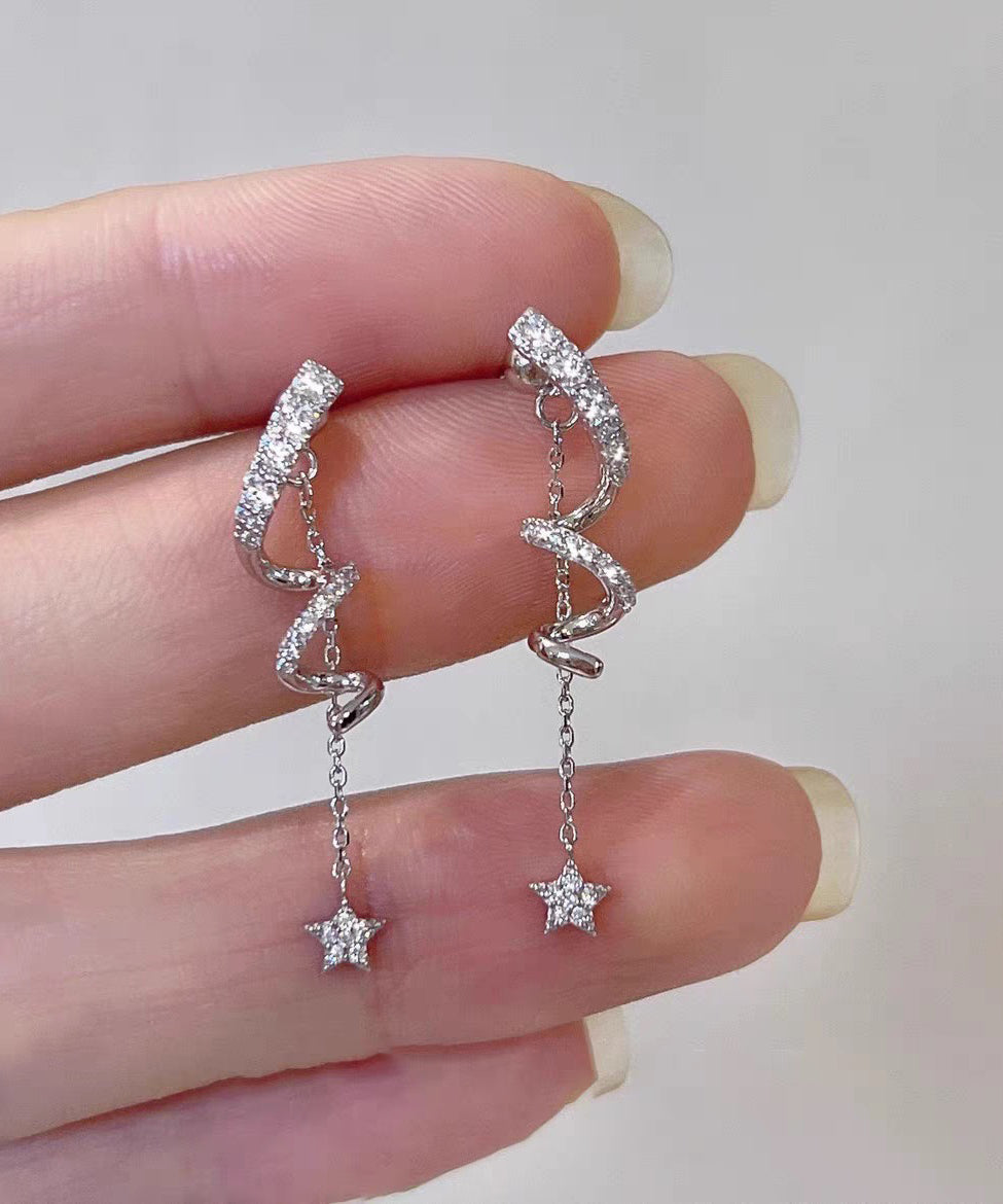 New Silk Sterling Silver Overgild Inlaid Zircon Star Tassel Drop Earrings