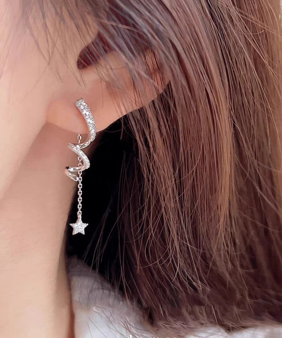 New Silk Sterling Silver Overgild Inlaid Zircon Star Tassel Drop Earrings