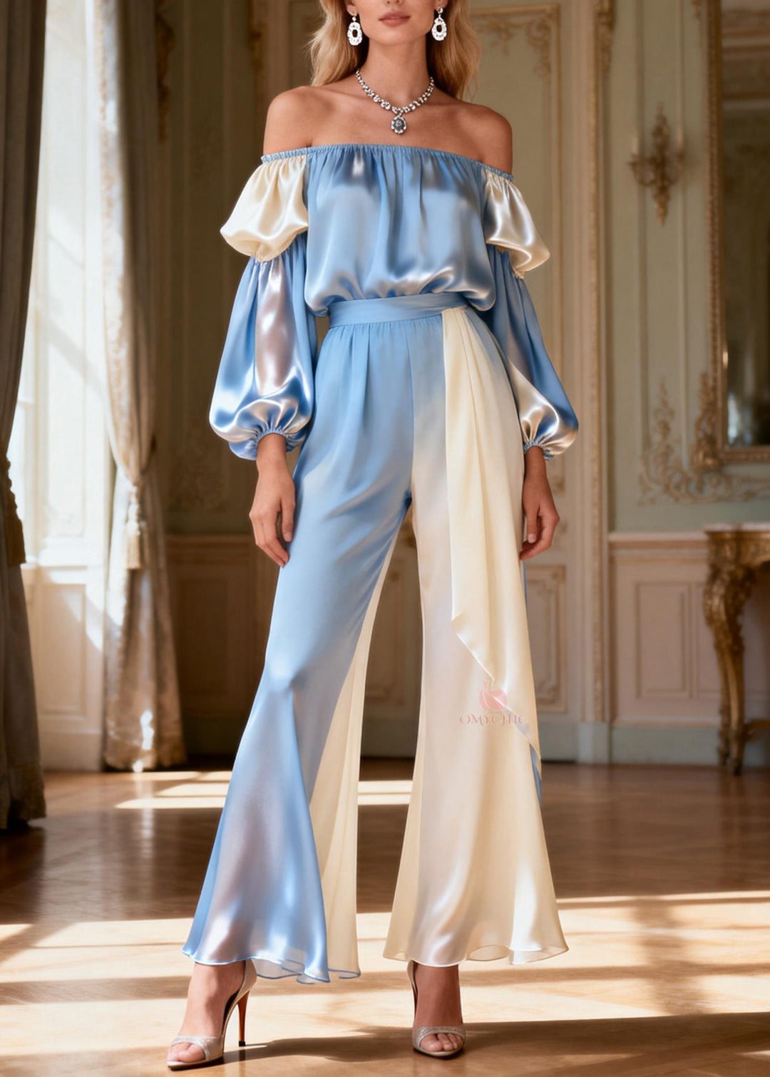 New Slash Neck Cold Shoulder Patchwork Silk Two Piece Set Spring