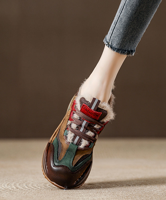 New Splicing Platform Flat Feet Shoes Red Faux Leather Fuzzy Wool Lined