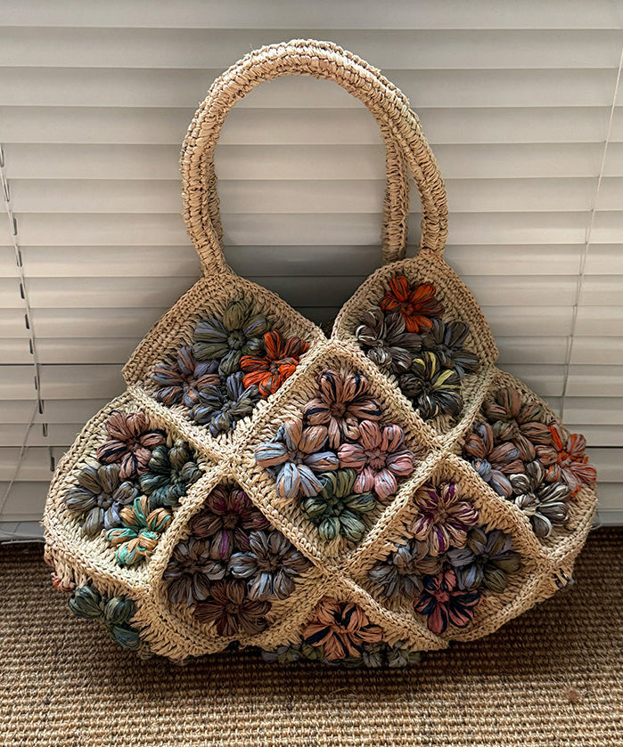 New Straw Woven Vacation Beach Colorful Flower Tote Bag