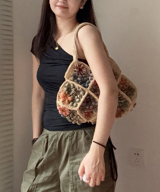 New Straw Woven Vacation Beach Colorful Flower Tote Bag