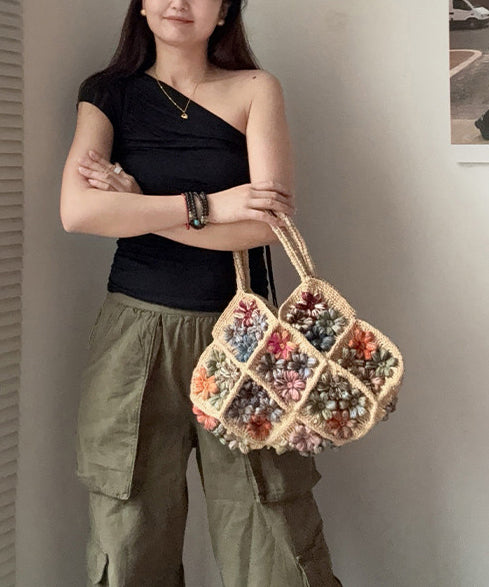 New Straw Woven Vacation Beach Colorful Flower Tote Bag