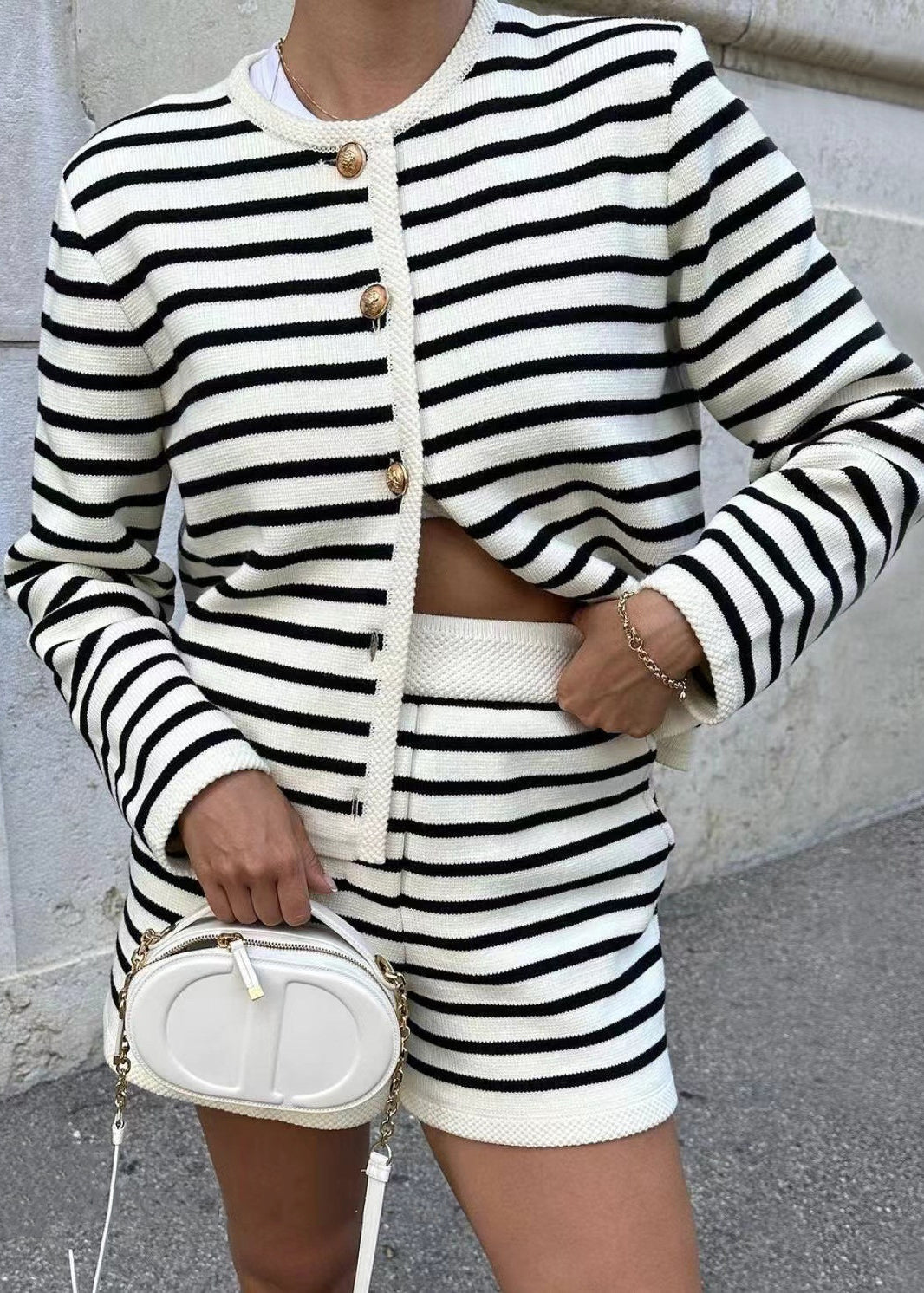 New Striped Button Coat And Shorts Knitting Cotton Two Piece Set Spring