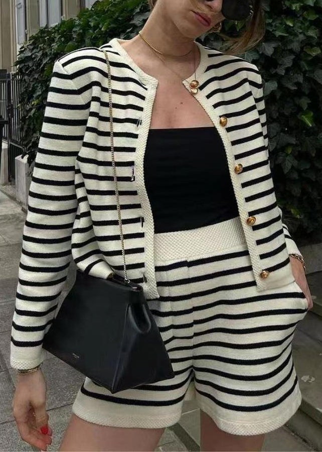 New Striped Button Coat And Shorts Knitting Cotton Two Piece Set Spring