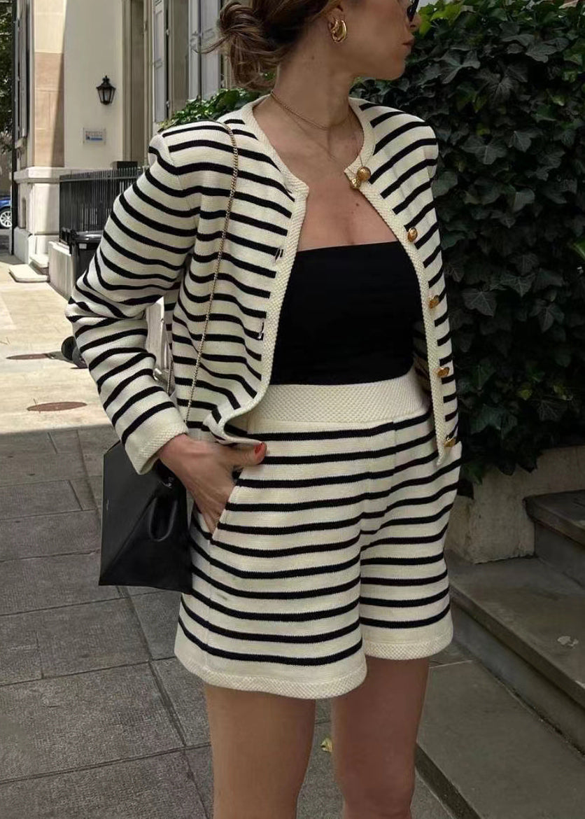 New Striped Button Coat And Shorts Knitting Cotton Two Piece Set Spring