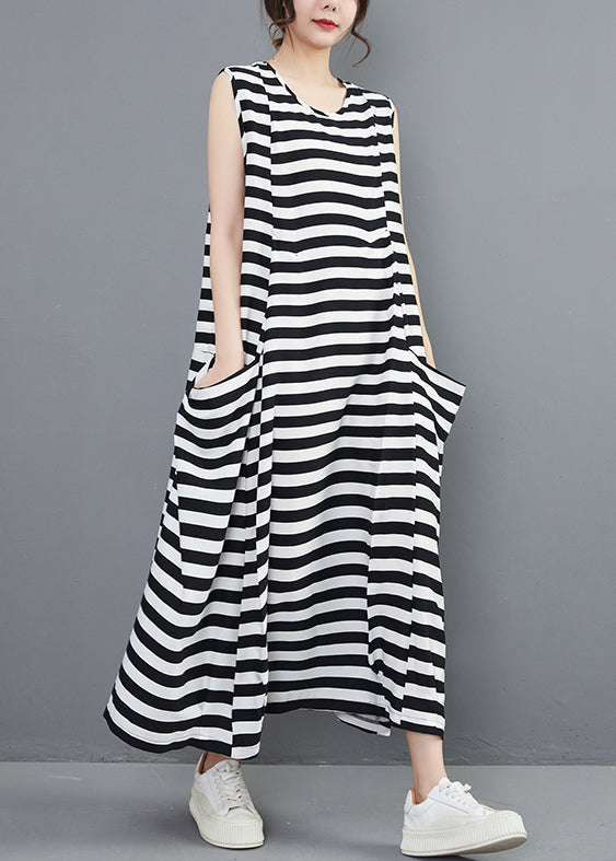 New Striped O Neck Pockets Side Open Cotton Long Dresses Sleeveless