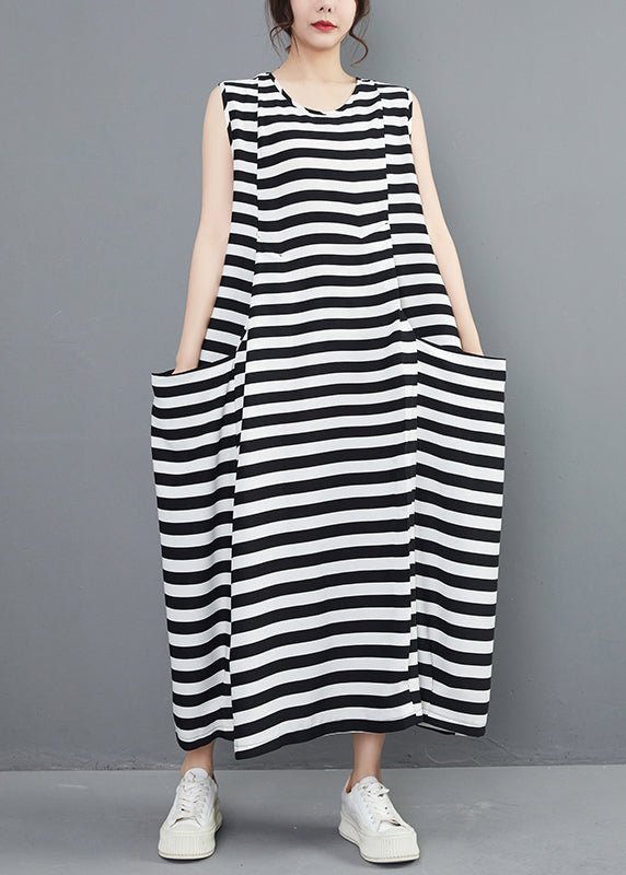 New Striped O Neck Pockets Side Open Cotton Long Dresses Sleeveless