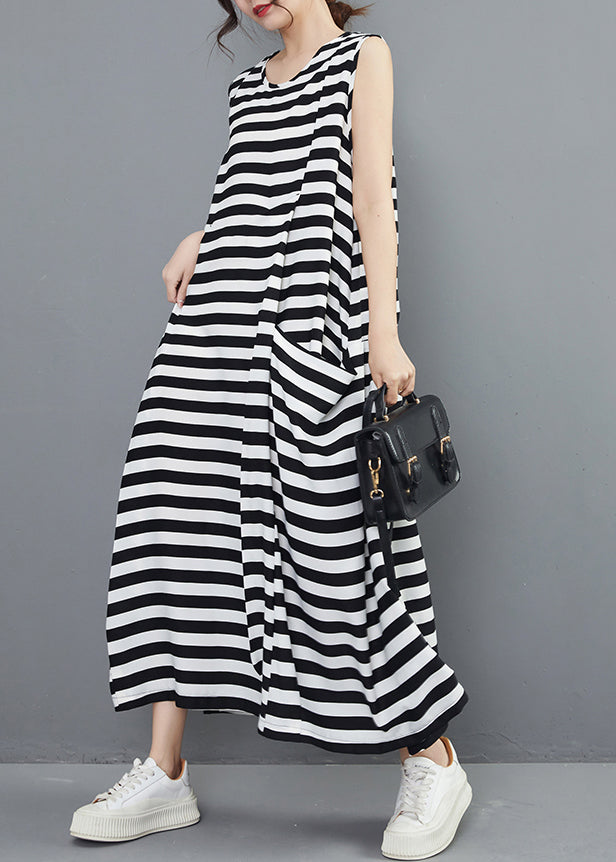 New Striped O Neck Pockets Side Open Cotton Long Dresses Sleeveless