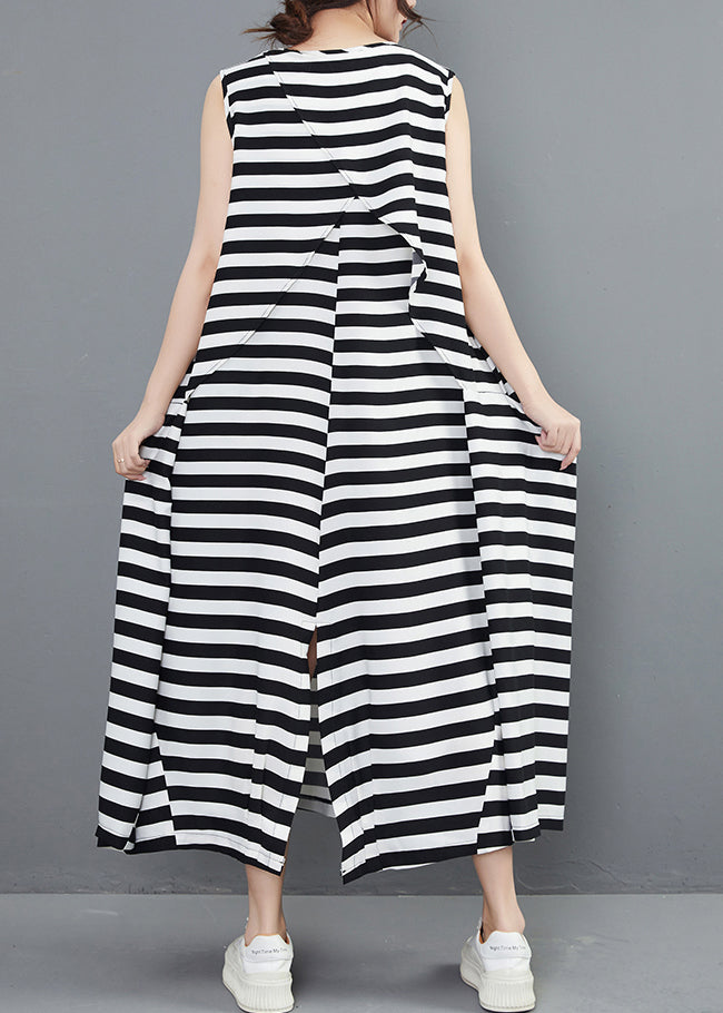 New Striped O Neck Pockets Side Open Cotton Long Dresses Sleeveless