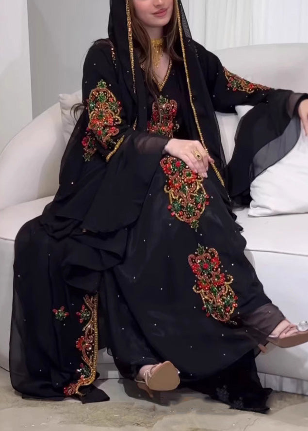 Loose Black Embroidered Robe Dress Two Pieces Set Summer
