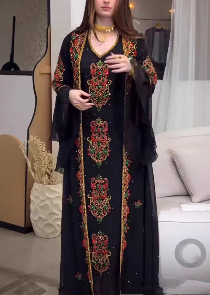 Loose Black Embroidered Robe Dress Two Pieces Set Summer