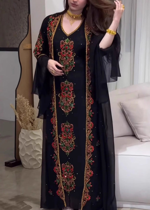 Loose Black Embroidered Robe Dress Two Pieces Set Summer