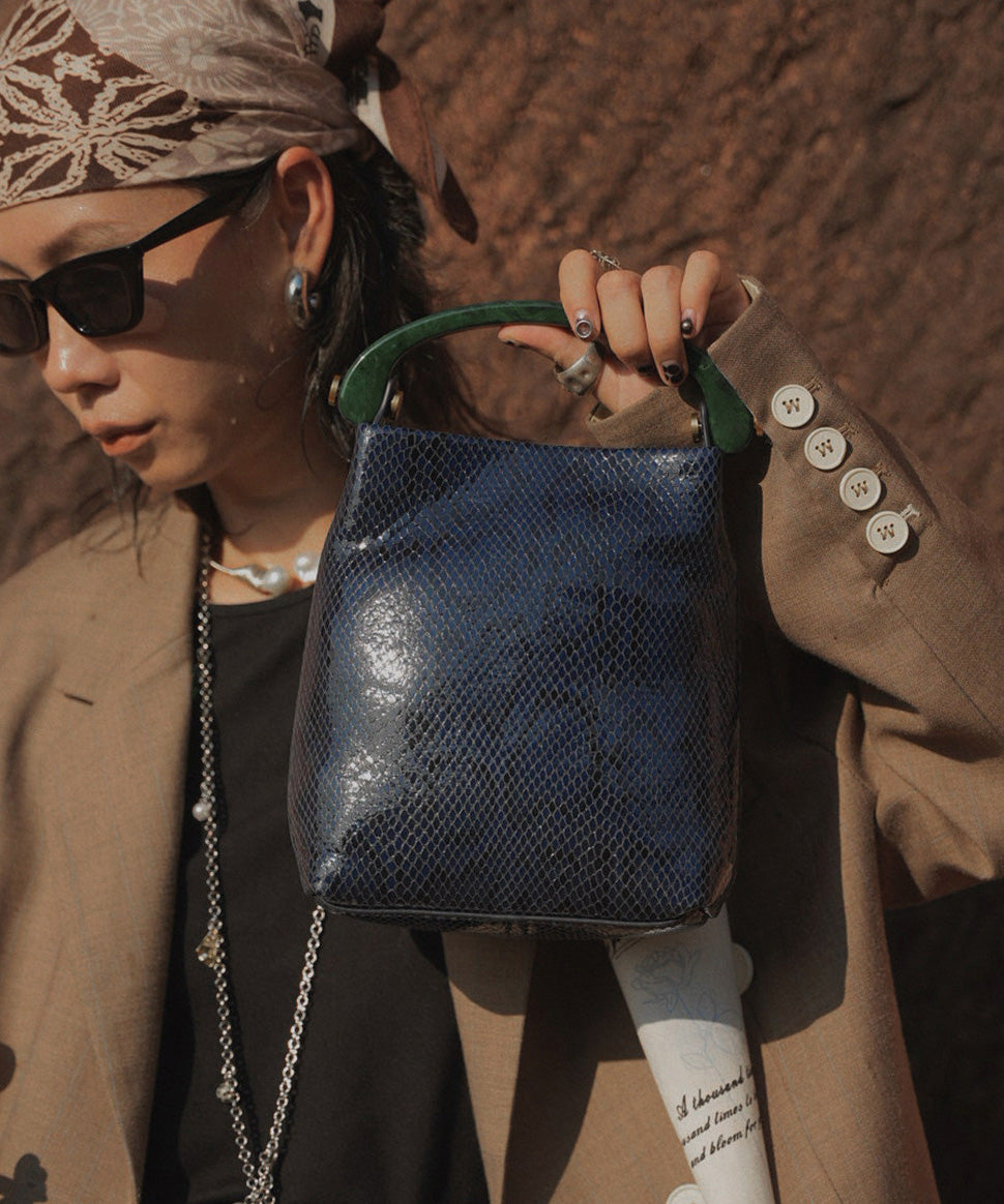 New Style Navy Snake Patterned Calf Leather Tote Handbag