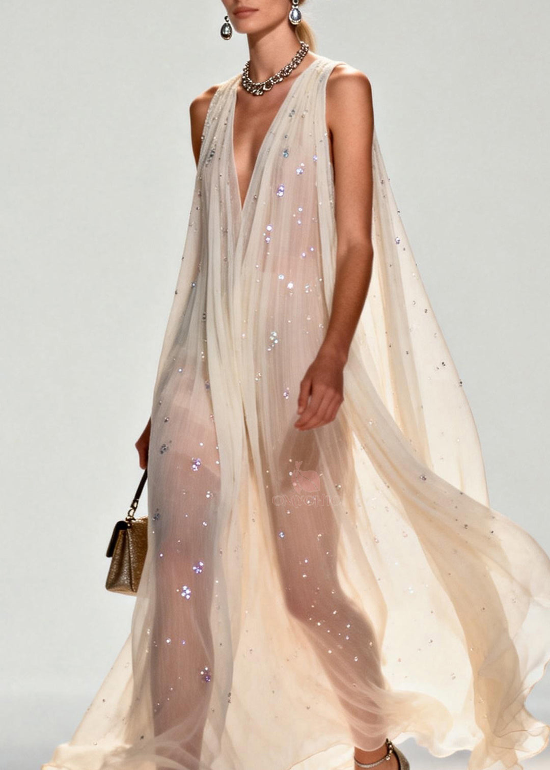 New Style V Neck Zircon Chiffon Maxi Dress Sleeveless