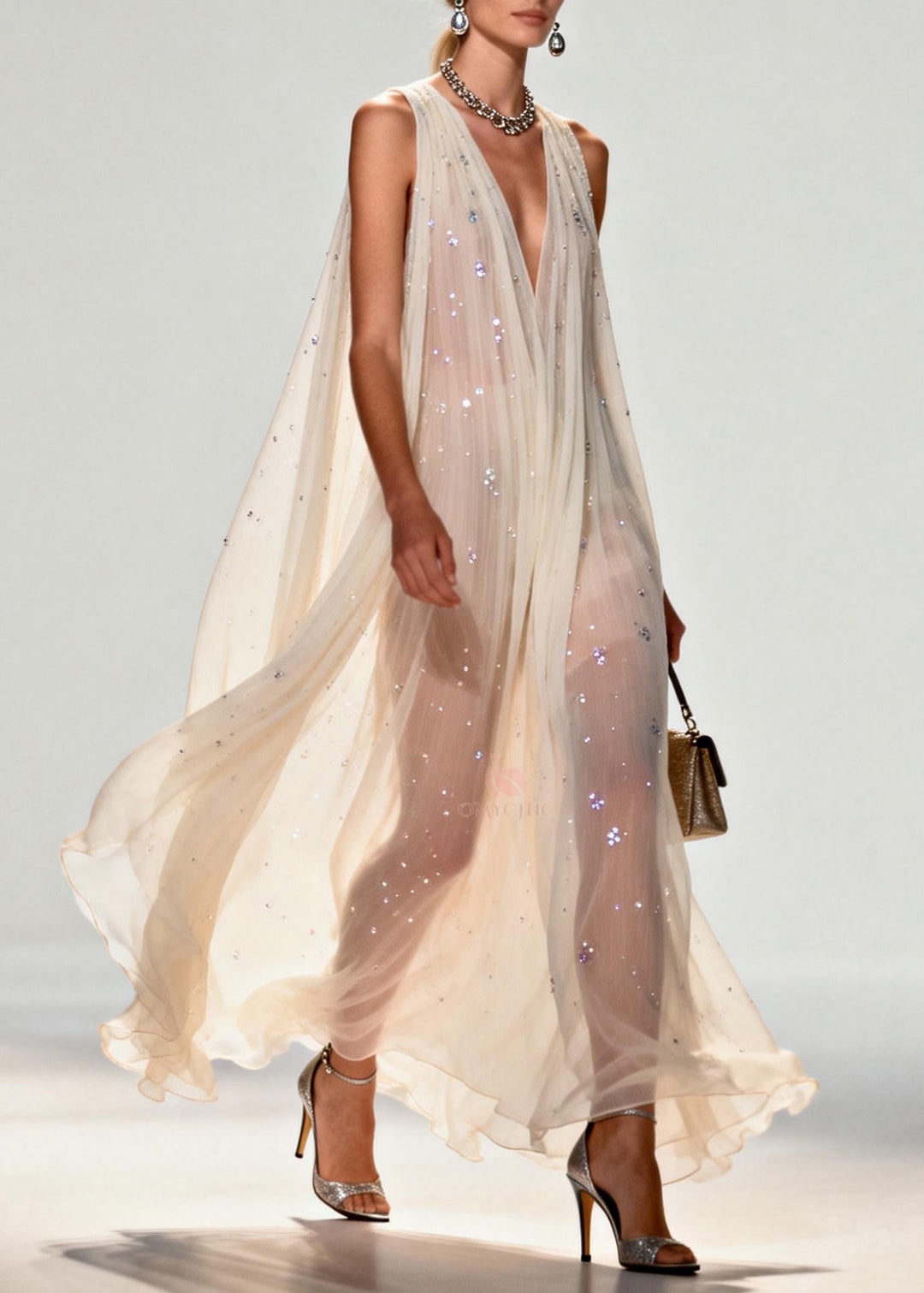New Style V Neck Zircon Chiffon Maxi Dress Sleeveless