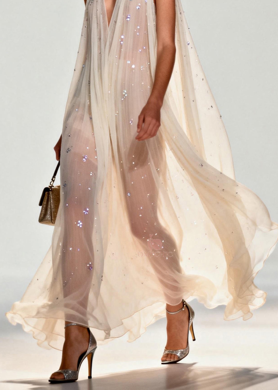 New Style V Neck Zircon Chiffon Maxi Dress Sleeveless